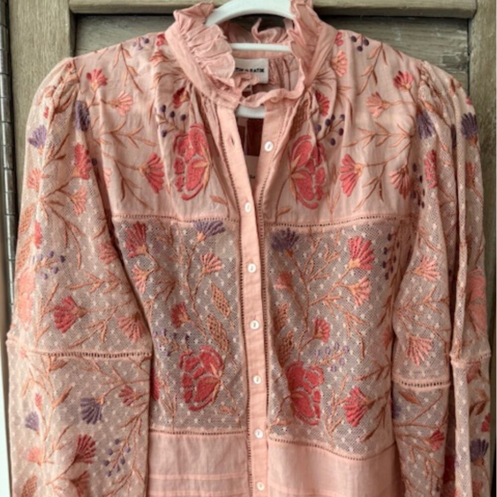 ANTIK BATIK BLOUSE - MULTI- COLOR EMBROIDERED BLOUSE / SHEER  SIZE:SMALL